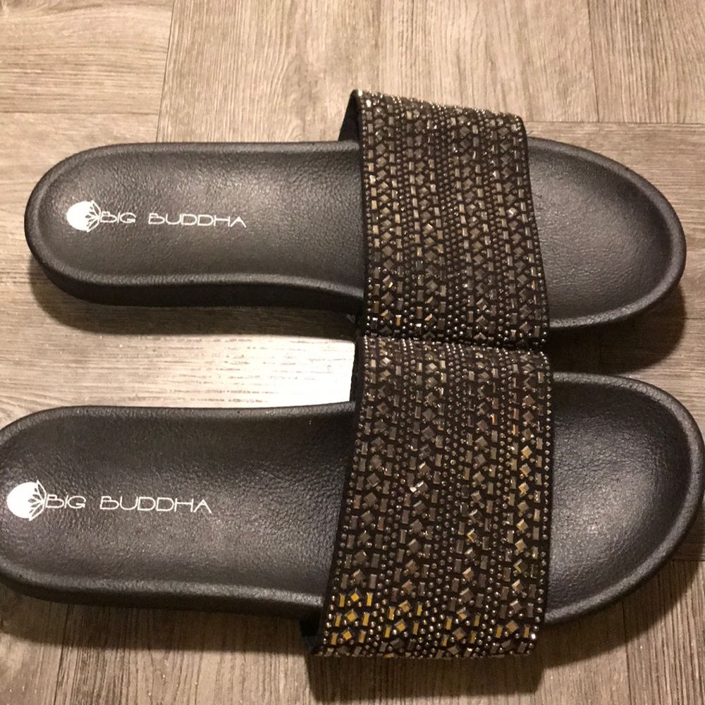 Big Buddha sparkly black slides woman’s size 9